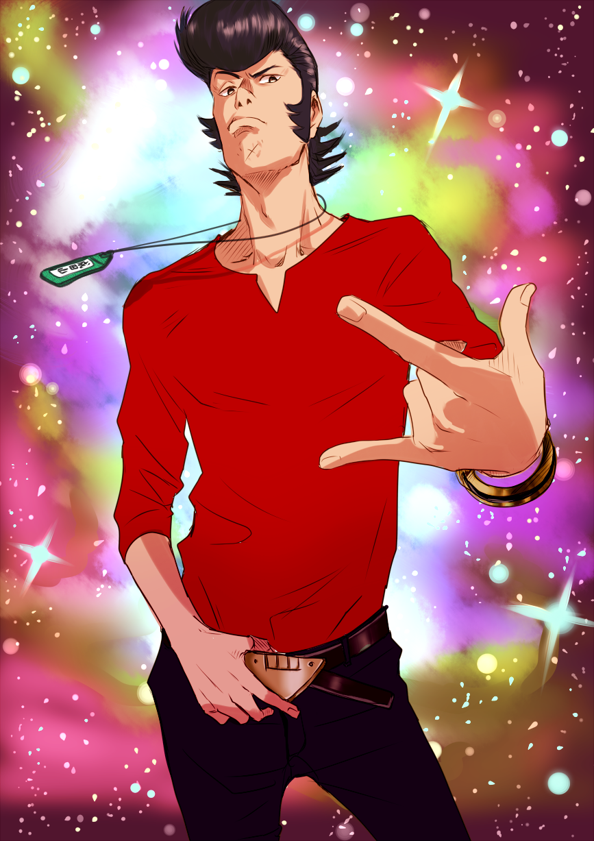 1boy belt black_hair bracelet dandy_(space_dandy) highres jewelry ma2 male_focus necklace open_\m/ pompadour solo space_dandy