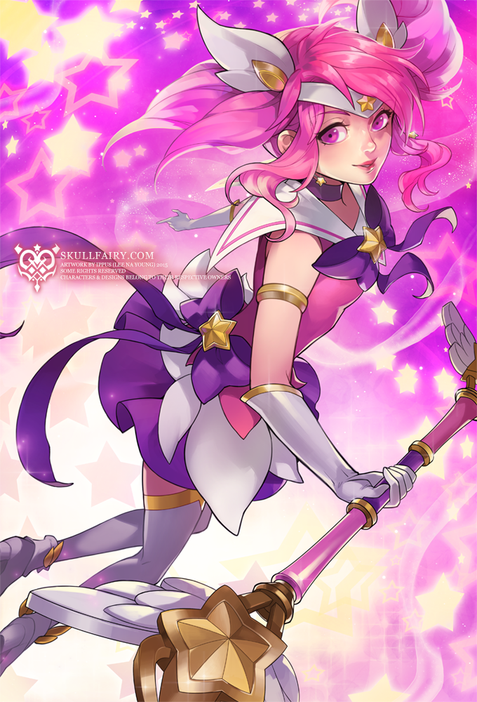 1girl alternate_costume alternate_eye_color alternate_hair_color alternate_hair_length alternate_hairstyle choker dress elbow_gloves floating from_behind gloves league_of_legends looking_at_viewer luxanna_crownguard magical_girl makeup miniskirt na_young_lee pink_background pink_eyes pink_hair short_dress short_twintails skirt solo staff star starry_background thigh-highs tiara twintails weapon white_legwear zettai_ryouiki