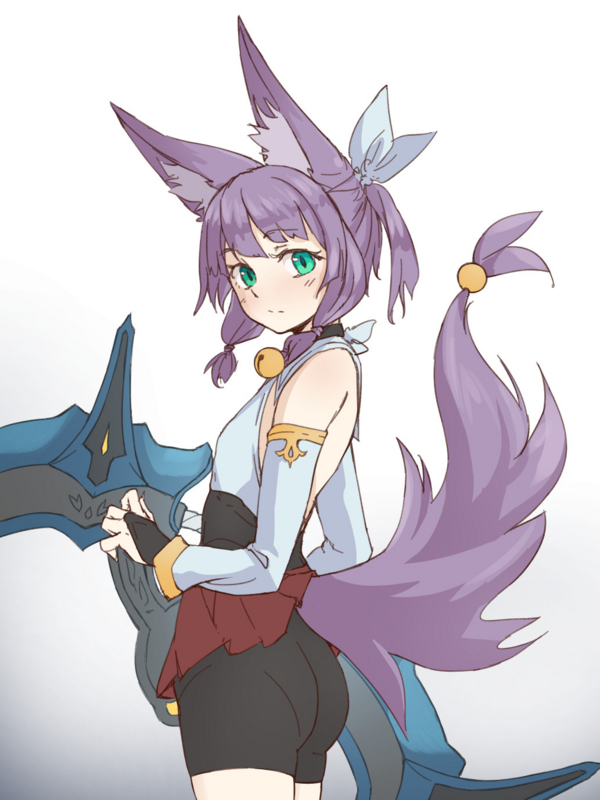 1girl animal_ears aqua_eyes ass bare_shoulders bell bell_collar bike_shorts blush bridal_gauntlets character_request collar detached_sleeves flat_chest fox_ears fox_tail huge_weapon looking_at_viewer miniskirt pas_(paxiti) purple_hair short_hair shorts_under_skirt skirt solo tail tail_ornament two_side_up weapon