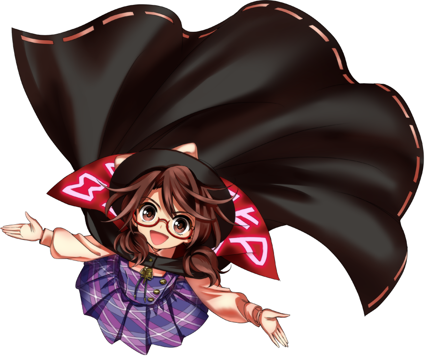 1girl brown_eyes brown_hair cape glasses harukawa_moe hat long_sleeves looking_at_viewer looking_up official_art open_mouth plaid plaid_shirt plaid_skirt shirt short_hair skirt solo touhou twintails urban_legend_in_limbo usami_sumireko