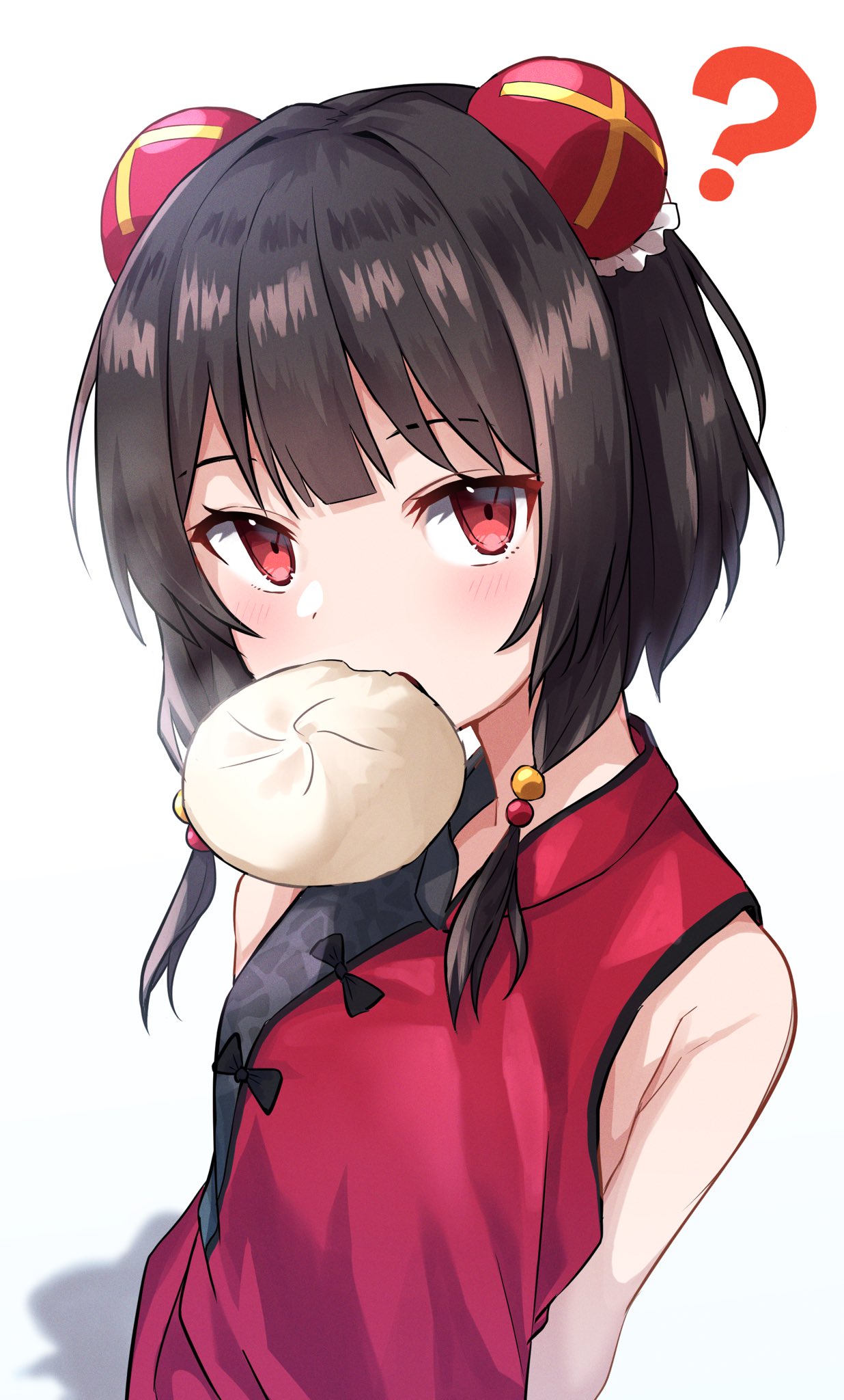 1girl ? alternate_costume bangs bare_shoulders blush bun_cover china_dress chinese_clothes commentary_request dress eyebrows_visible_through_hair fang flat_chest food food_in_mouth highres kiona_(giraffe_kiona) kono_subarashii_sekai_ni_shukufuku_wo! looking_at_viewer megumin mouth_hold red_dress red_eyes simple_background skin_fang sleeveless solo upper_body white_background