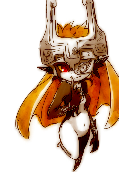 1girl black_skin fang finger_to_mouth full_body helmet imp leg_lift long_hair midna navel neon_trim no_nipples nude orange_hair pointy_ears red_eyes the_legend_of_zelda twilight_princess two-tone_skin ukata white_skin yellow_sclera