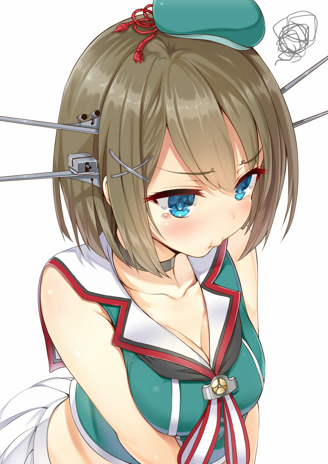 1girl arudehido averting_eyes bare_shoulders beret blue_eyes breast_squeeze breasts brown_hair choker cleavage collarbone crop_top hair_ornament hat headgear highres kantai_collection maya_(kantai_collection) mini_hat neckerchief pleated_skirt pout remodel_(kantai_collection) short_hair simple_background skirt solo squiggle sulking tears upper_body white_background white_skirt