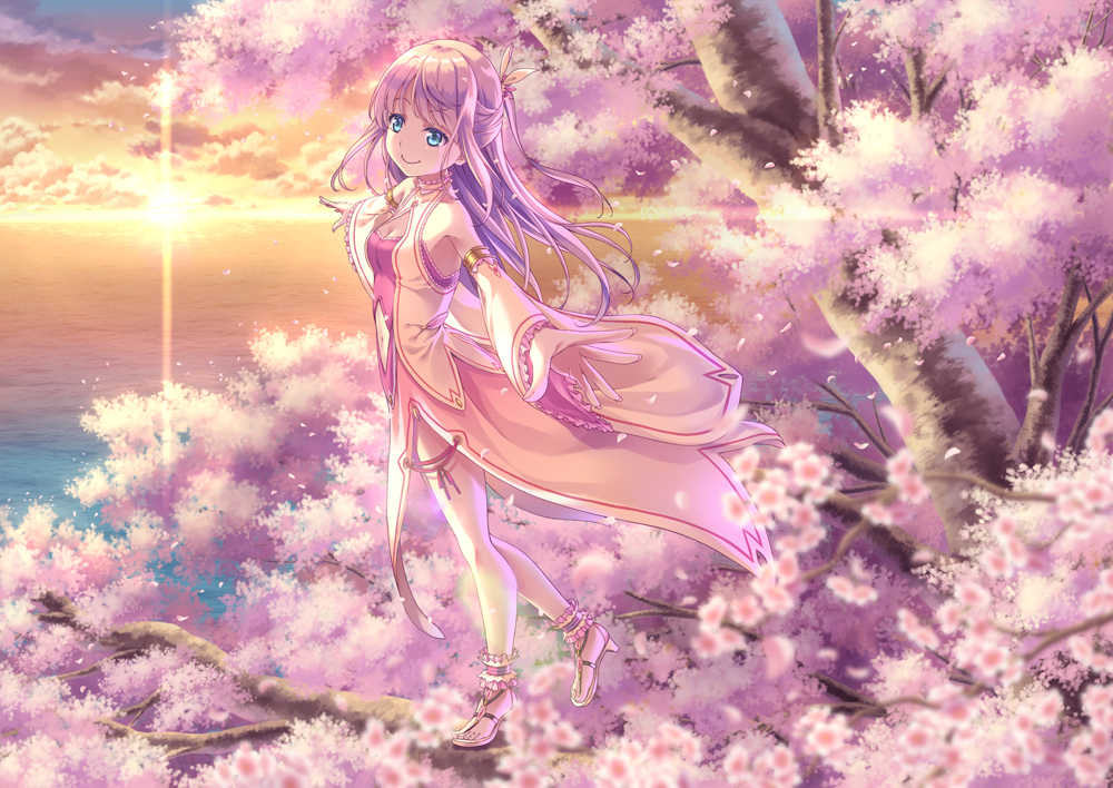 1girl bangs bare_shoulders blue_eyes cherry_blossoms clouds cloudy_sky detached_sleeves hair_ornament long_hair original outdoors outstretched_arms pink_hair sky smile solo sunset tree uehara_yukihiko water