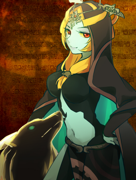 1girl blue_skin breasts cloak forehead_jewel front_ponytail hair_between_breasts hair_ornament hand_on_hip hood link_(wolf) long_skirt midna_(true) navel navel_cutout nose orange_hair red_eyes side_slit skirt smile solo_focus spoilers the_legend_of_zelda tiara twilight_princess ukata wolf yellow_sclera