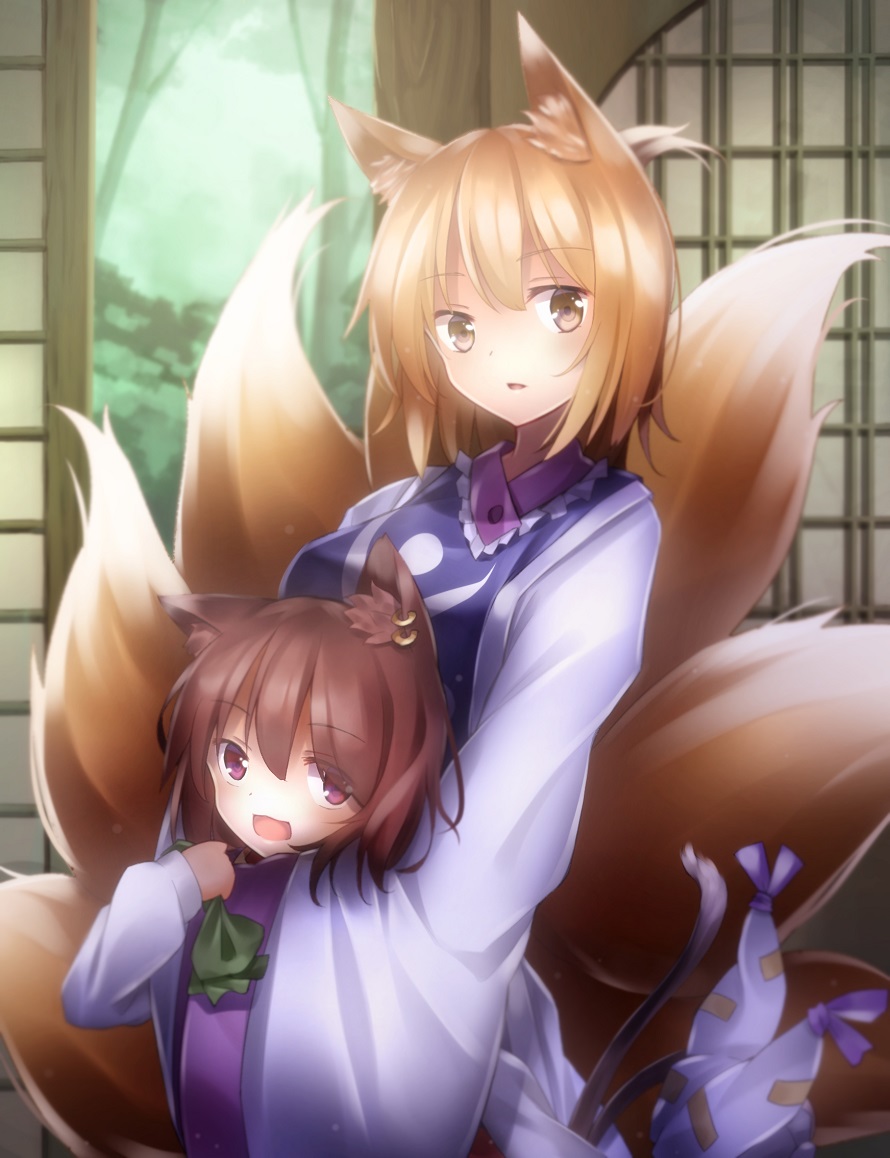 2girls animal_ears blonde_hair brown_eyes brown_hair cat_ears cat_tail chen dress earrings fox_ears fox_tail hat hat_removed hat_with_ears headwear_removed hug hug_from_behind jewelry long_sleeves looking_at_viewer minamina multiple_girls multiple_tails no_hat tabard tail touhou white_dress wide_sleeves yakumo_ran yellow_eyes