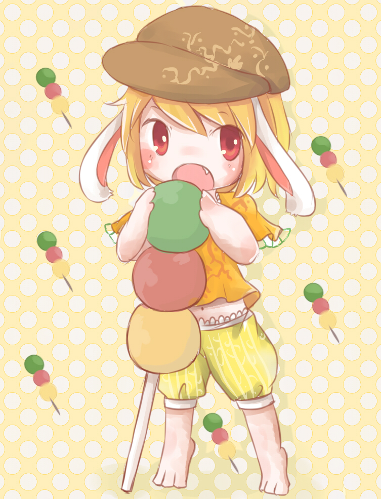 1girl animal_ears barefoot blonde_hair blouse blush bocchan_dango chibi fang hat looking_at_viewer midriff navel open_mouth oversized_object polka_dot polka_dot_background rabbit_ears red_eyes ringo_(touhou) satorichan short_hair short_sleeves shorts skewer solo touhou yellow_background