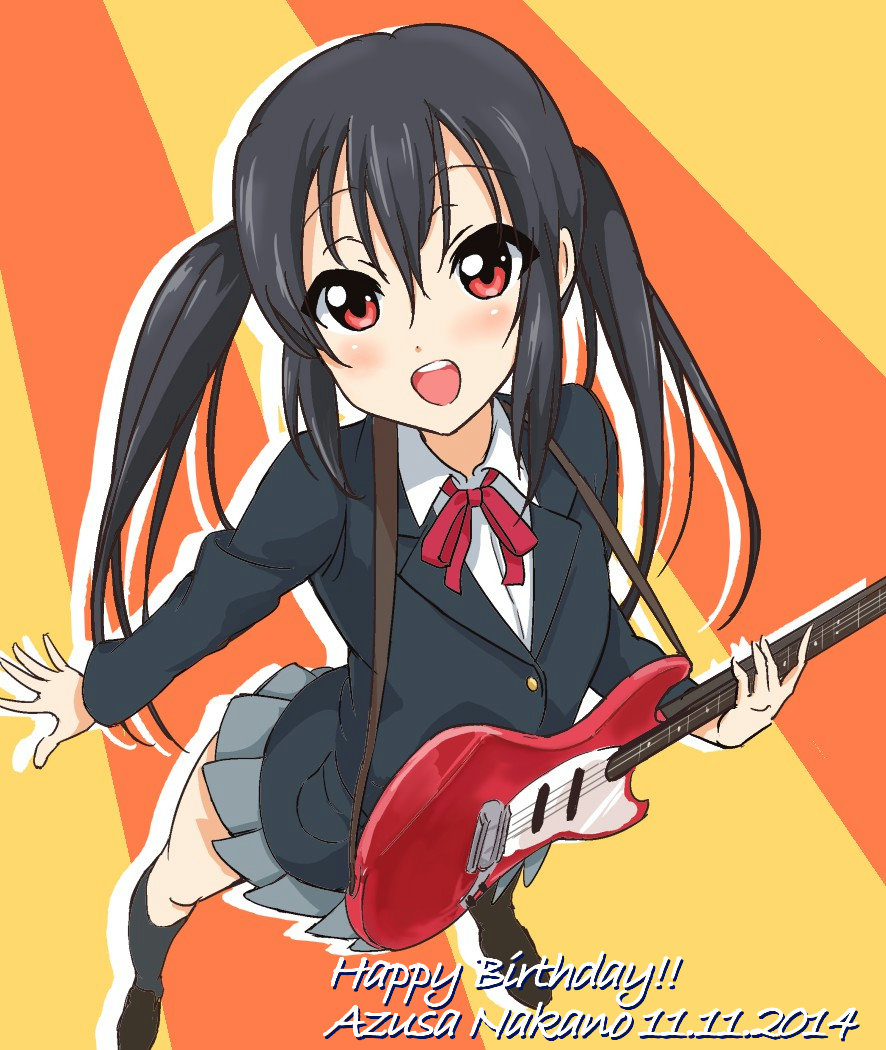 1girl black_hair black_legwear blush dated foreshortening from_above guitar happy_birthday instrument k-on! kneehighs long_hair nakano_azusa open_mouth pleated_skirt red_eyes school_uniform skirt smile solo tetopetesone twintails