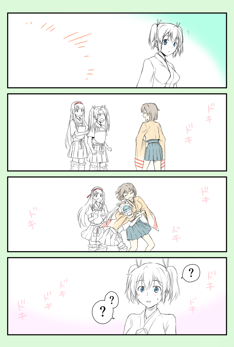 4girls 4koma ? asphyxiation blue_eyes brown_hair choke_hold choking comic commentary_request hair_ribbon highres hiryuu_(kantai_collection) japanese_clothes kantai_collection multiple_girls open_mouth partially_colored ribbon short_hair shoukaku_(kantai_collection) side_ponytail skirt souryuu_(kantai_collection) spoken_question_mark strangling translation_request twintails yatsuhashi_kyouto zuikaku_(kantai_collection)