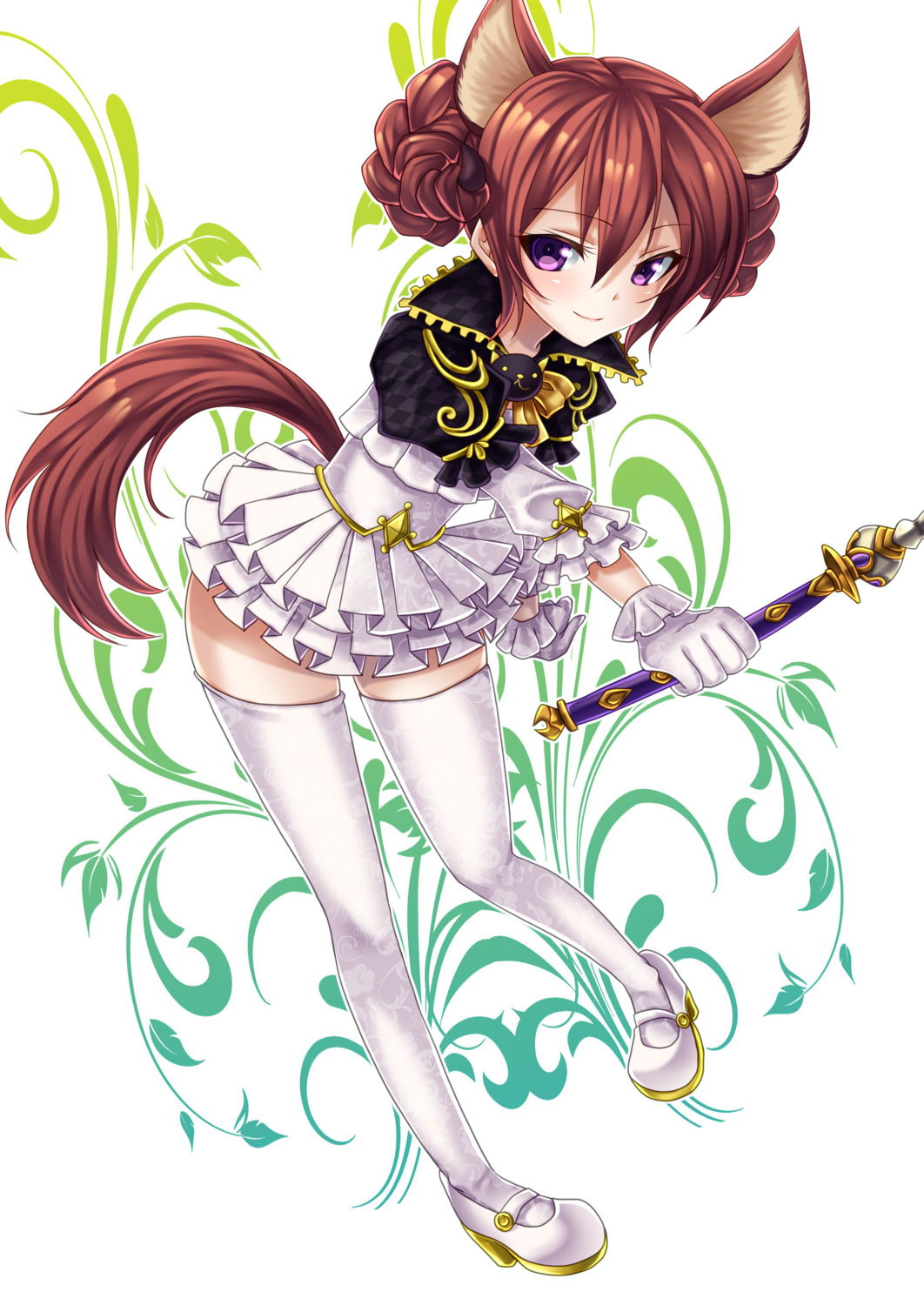 animal_ears braid brown_hair dog_ears dress elin_(tera) gloves highres horns long_hair mary_janes shoes smile soraeda tail tera_online thigh-highs twin_braids twintails violet_eyes wand