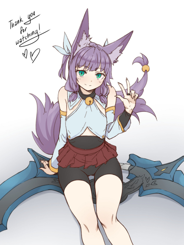 1girl animal_ears aqua_eyes bare_shoulders bell bell_collar bike_shorts bridal_gauntlets character_request collar cowboy_shot detached_sleeves flat_chest fox_ears fox_tail huge_weapon looking_at_viewer miniskirt pas_(paxiti) purple_hair short_hair shorts_under_skirt sitting skirt solo tail tail_ornament thank_you two_side_up v weapon