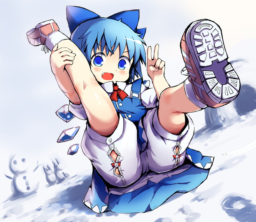 1girl bloomers blue_dress blue_eyes blue_hair blush cirno dress fairy fang full_body hair_ornament hair_ribbon hakkotsu_shitai ice ice_wings legs_up looking_down open_mouth puffy_sleeves ribbon shoes short_hair short_sleeves sitting smile sneakers snow snowman socks solo touhou underwear upskirt v vest white_legwear wings