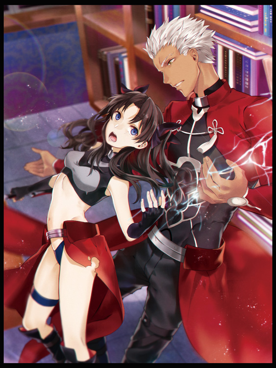 1boy 1girl archer archer_(cosplay) blue_eyes book cosplay dark_skin fate/stay_night fate_(series) kyou_zip long_hair toosaka_rin two_side_up white_hair