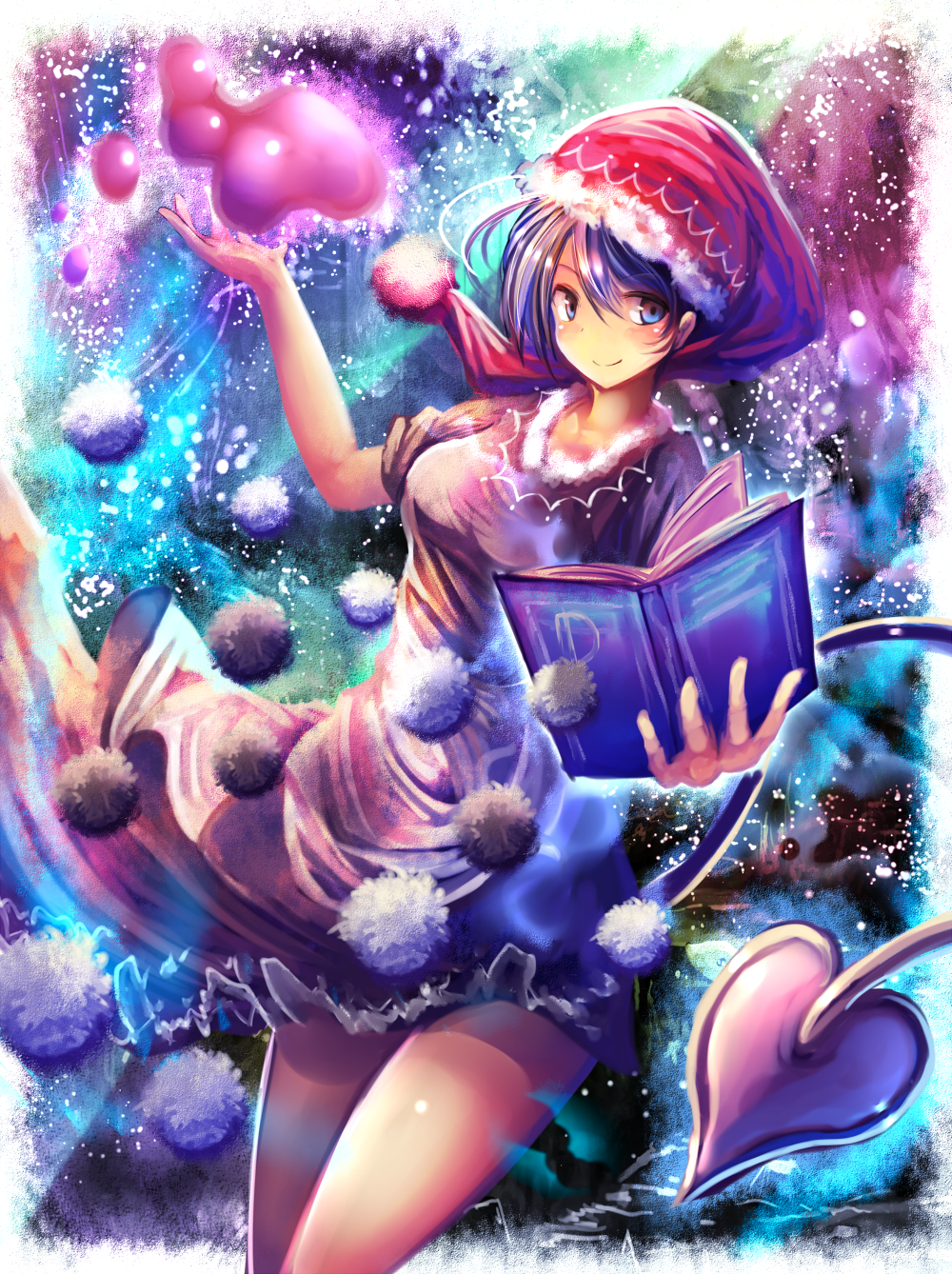 1girl black_skirt blue_eyes blue_hair book cuby_(dondoriansama) demon_tail doremy_sweet hat highres legacy_of_lunatic_kingdom multicolored_background short_hair skirt smile solo tail touhou