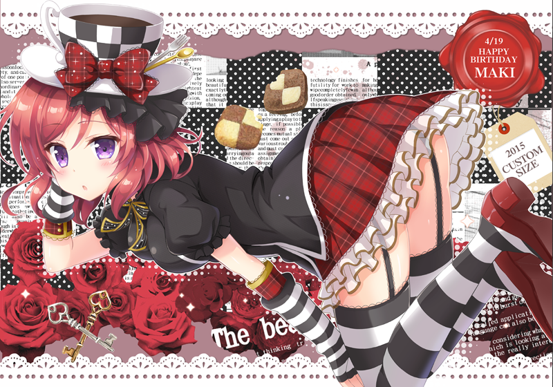 1girl bow checkerboard_cookie checkered_hat circle_name cookie cup elbow_gloves fingerless_gloves flower food food_as_clothes food_themed_clothes fork frilled_skirt frills garter_straps gloves happy_birthday hat hat_bow key looking_at_viewer love_live!_school_idol_project nishikino_maki plaid plaid_skirt red_rose redhead rose sakurai_makoto_(custom_size) shirt shoes skirt solo spoon striped striped_legwear tag teacup thigh-highs violet_eyes