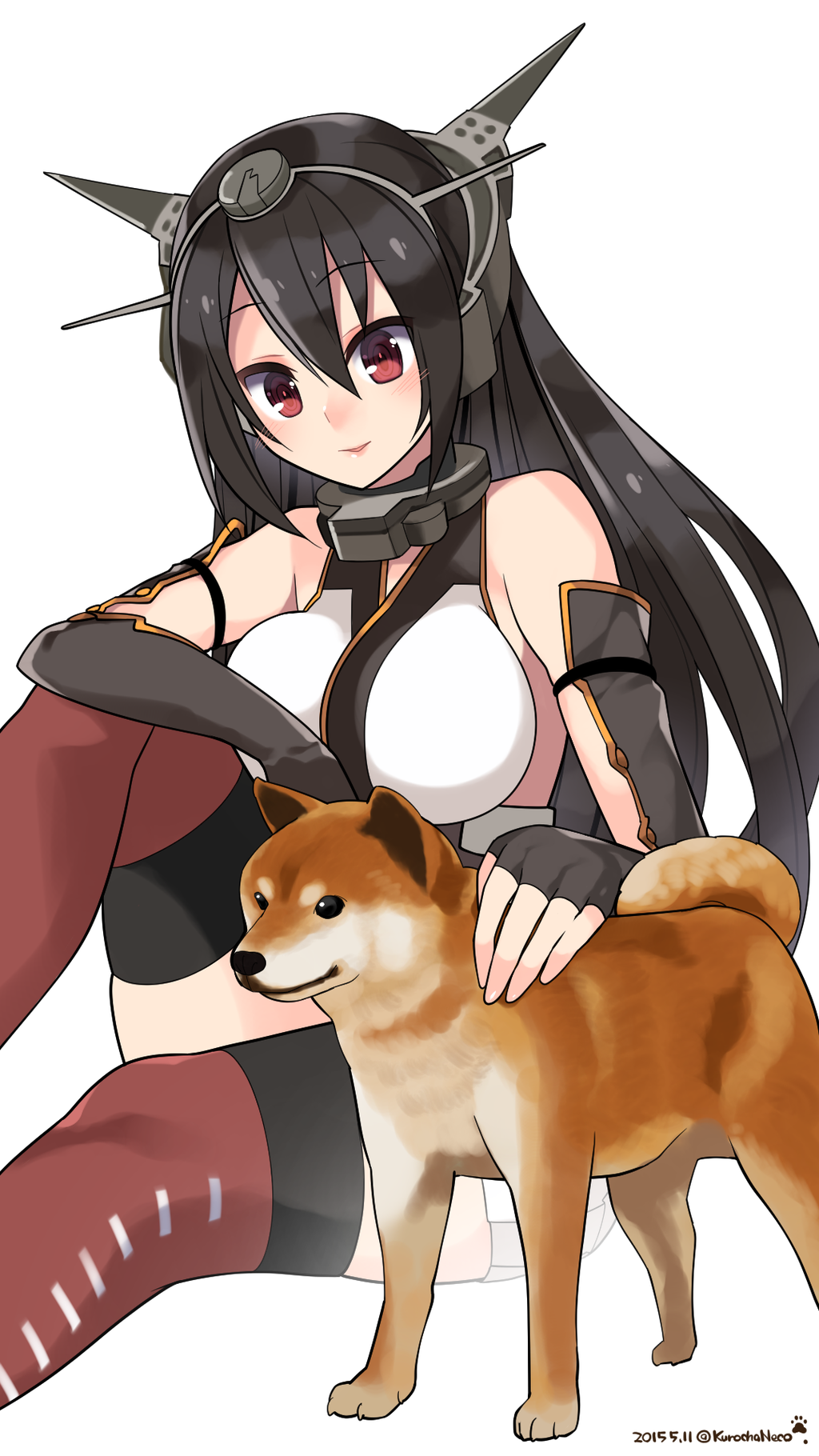 1girl artist_name bare_shoulders black_hair blush breasts dated dog elbow_gloves fingerless_gloves gloves hairband headgear highres kantai_collection kuro_chairo_no_neko large_breasts long_hair nagato_(kantai_collection) red_eyes shiba_inu sitting smile solo thigh-highs white_background