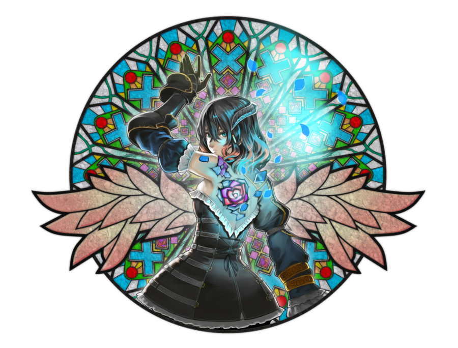 1girl artist_request black_hair bloodstained:_ritual_of_the_night detached_sleeves flower gauntlets horns looking_back miriam_(bloodstained) official_art rose stained_glass transparent_background wings