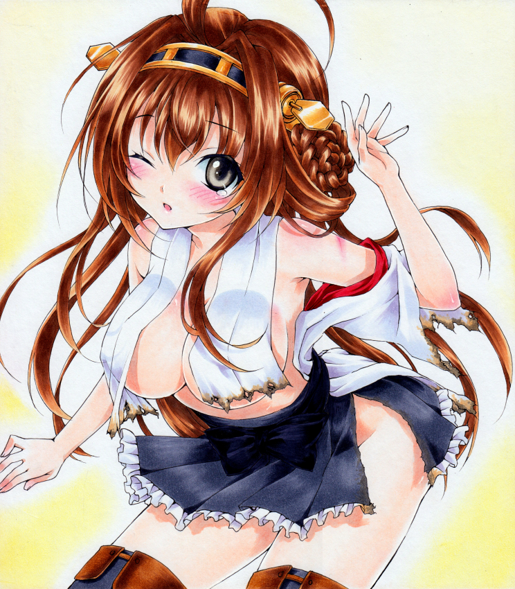 1girl ahoge bare_shoulders blush boots breasts brown_hair burnt_clothes cleavage hairband kantai_collection kongou_(kantai_collection) large_breasts long_hair marker_(medium) millipen_(medium) nontraditional_miko one_eye_closed open_mouth pastel_(medium) ren_(endscape20) skirt solo tears thigh-highs thigh_boots torn_clothes torn_skirt traditional_media yellow_background