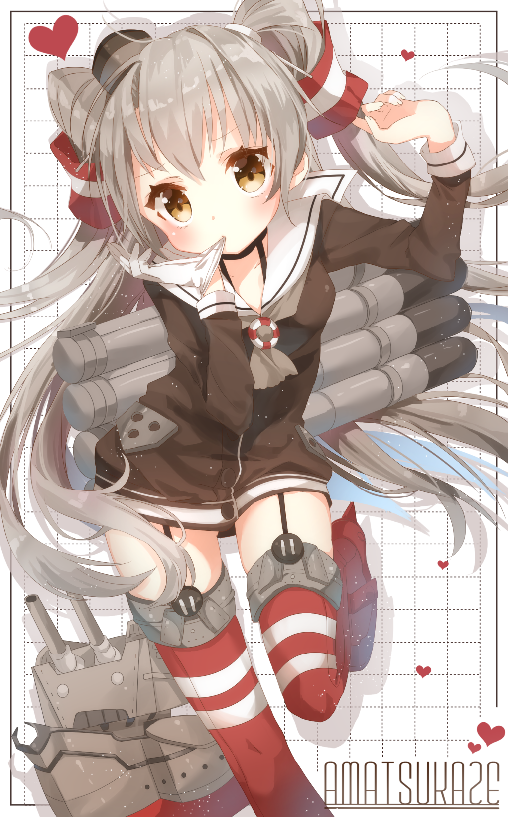 1girl adjusting_clothes adjusting_gloves amatsukaze_(kantai_collection) amber_eyes character_name garter_straps gloves grey_hair hair_tubes highres jimmy kantai_collection lifebuoy long_hair neckerchief rensouhou-kun smokestack striped striped_legwear thigh-highs torpedo twintails two_side_up windsock