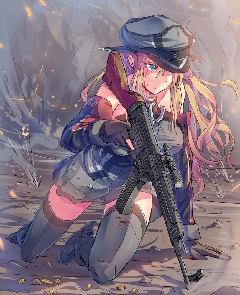 1girl assault_rifle bare_shoulders bismarck_(kantai_collection) black_gloves blonde_hair blood blood_on_face blue_eyes breasts bullet bullet_casing commentary daito detached_sleeves frown gloves gun hair hat iron_cross kantai_collection messy_hair peaked_cap rifle scope shooting_gloves smoke stg44 thigh-highs tracer_fire weapon