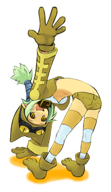 1girl ass bent_over blonde_hair blush breasts butt_crack disgaea gloves goggles hat kagehito long_hair pointy_ears ponytail shorts solo striped striped_legwear thief_(disgaea) thigh-highs under_boob yellow_eyes