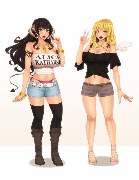 2girls angel angel_wings black_hair blonde_hair blush boots bracelet breasts cleavage curly_hair curvy demon_girl demon_horns demon_tail ear_piercing earmuffs earrings green_eyes happy hoop_earrings horns jewelry kedama_keito large_breasts multiple_girls necklace peace_symbol piercing red_eyes sandals see-through shiny shiny_skin shorts tail tattoo thigh-highs thighs thong tongue tongue_out tubetop wings
