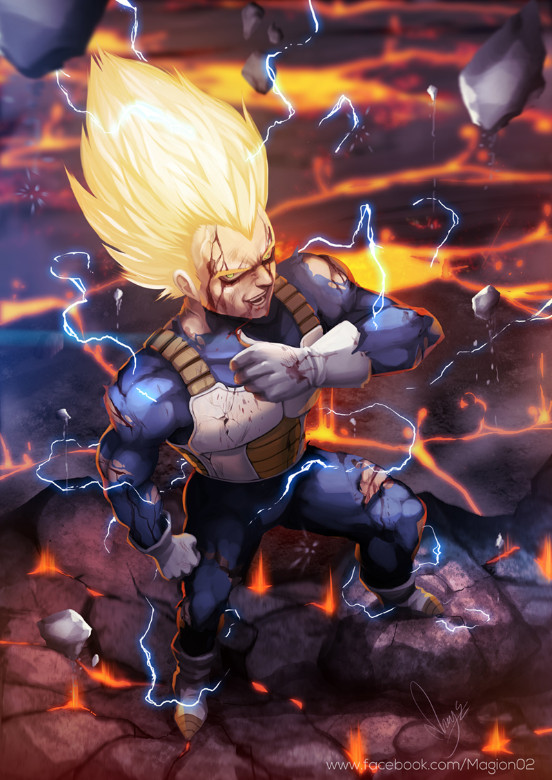 1boy blonde_hair blood blood_from_mouth dragon_ball dragon_ball_z energy facial_mark floating_rock forehead_mark full_body gloves green_eyes long_hair magion02 majin_vegeta male_focus molten_rock muscle revision signature smile solo spiky_hair super_saiyan_2 torn_clothes vegeta veins watermark web_address