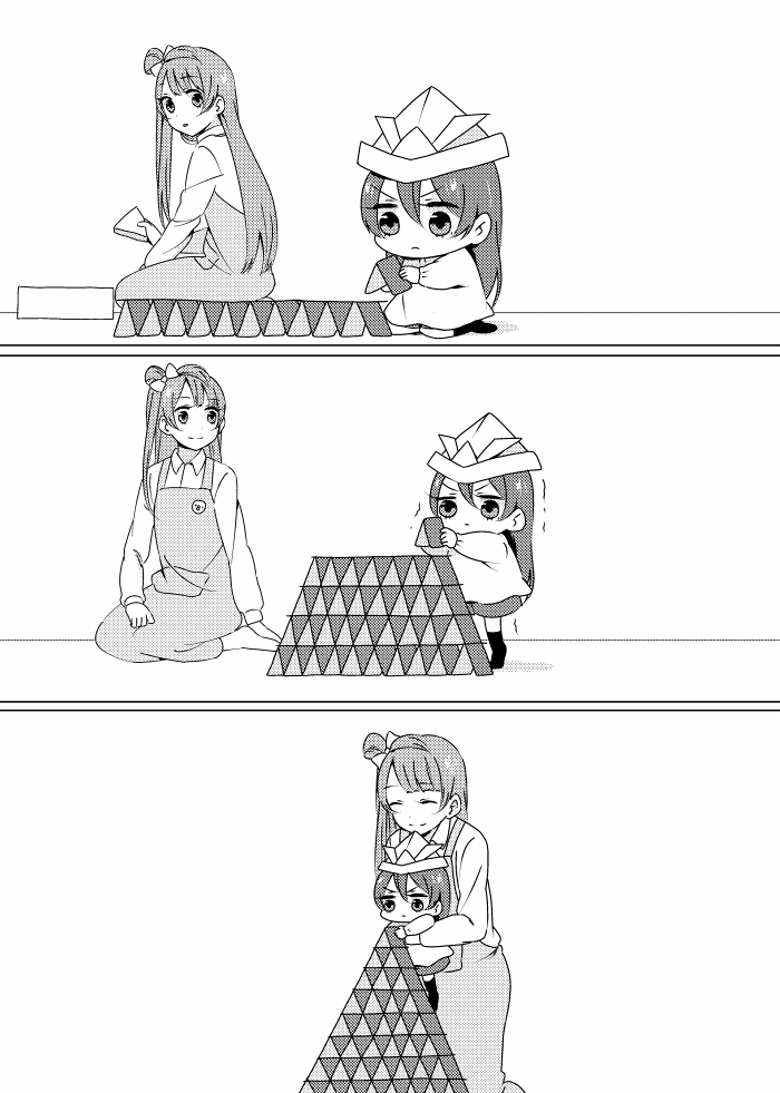 2girls 3koma ^_^ closed_eyes comic concentrating holding house_of_cards lifting_person long_hair love_live!_school_idol_project minami_kotori monochrome multiple_girls murata_(igaratara) one_side_up overall_skirt paper_hat paper_kabuto seiza silent_comic sitting sonoda_umi tiptoes trembling younger