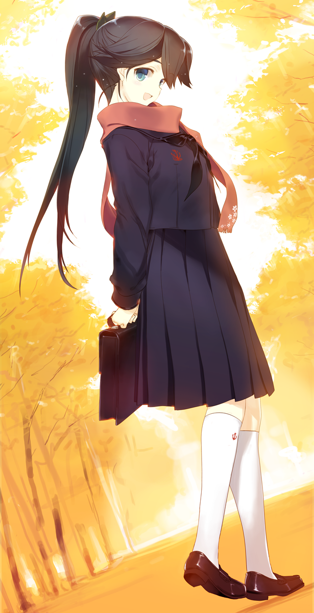 bag black_hair highres houshou_(kantai_collection) kantai_collection nakamura_takeshi ponytail scarf school_bag school_uniform serafuku skirt