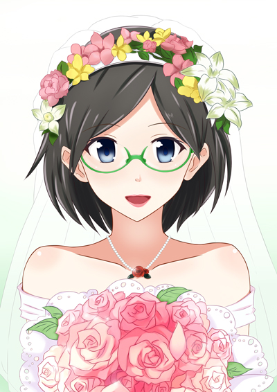 1girl bangs bare_shoulders blue_eyes bouquet bridal_veil dress flower glasses green-framed_glasses hair_flower hair_ornament hairband jewelry kantai_collection kirishima_(kantai_collection) lipstick makeup necklace open_mouth parted_bangs pendant semi-rimless_glasses short_hair smile solo strapless_dress under-rim_glasses veil wedding_dress zuihou_(hechen121)