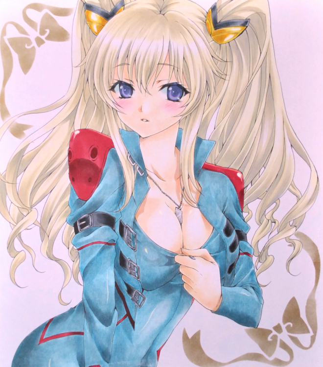 1girl arm_strap blonde_hair blush bow breasts cleavage code_geass:_boukoku_no_akito jewelry leila_(code_geass) long_hair marker_(medium) millipen_(medium) necklace parted_lips pastel_(medium) ren_(endscape20) traditional_media unzipped violet_eyes