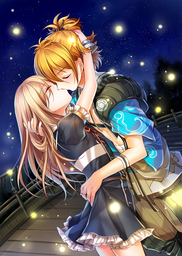 2boys blonde_hair closed_eyes dress fireflies hand_in_another's_hair japanese_clothes kiss kokutou_mimi midare_toushirou multiple_boys orange_hair otoko_no_ko sky star_(sky) starry_sky touken_ranbu urashima_kotetsu yaoi