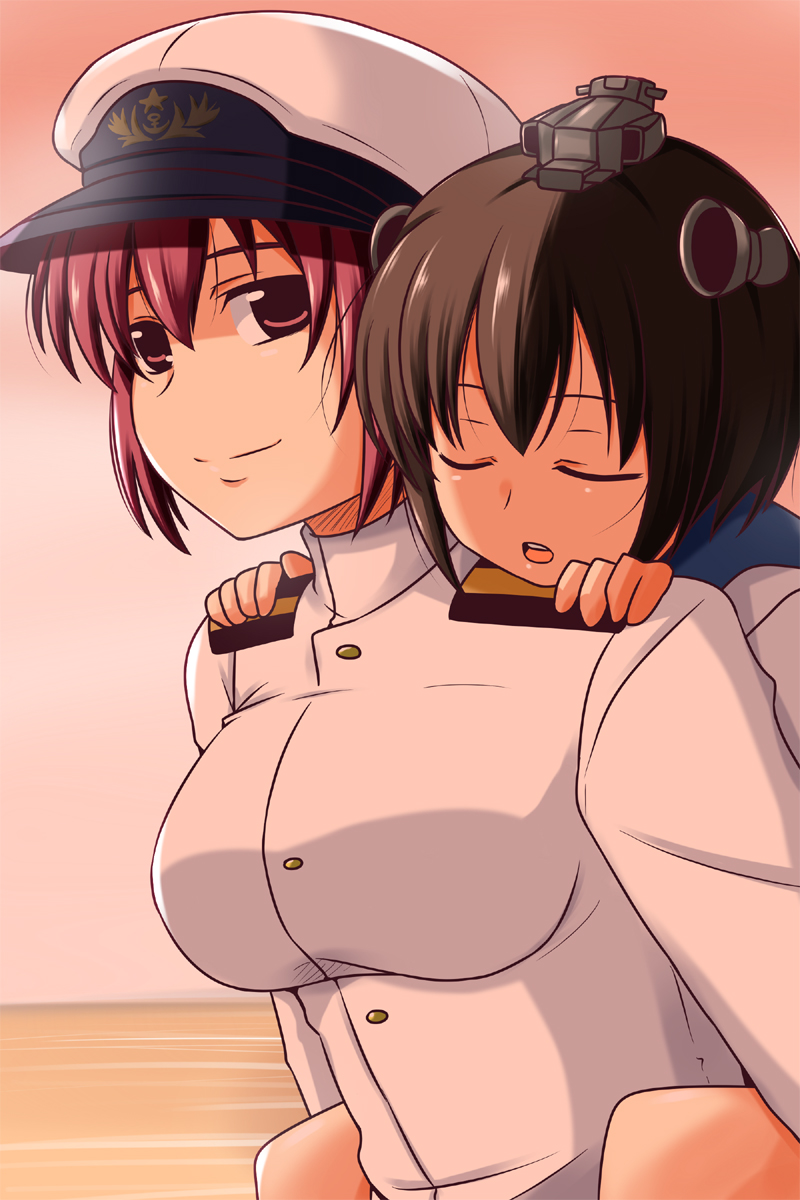 2girls black_hair breasts carrying child closed_eyes female_admiral_(kantai_collection) hat highres hoshizora_ikuyo large_breasts machinery military military_uniform motherly multiple_girls nishi_koutarou open_mouth piggyback precure purple_hair sailor_hat sleeping smile smile_precure! uniform violet_eyes young yukikaze_(kantai_collection)