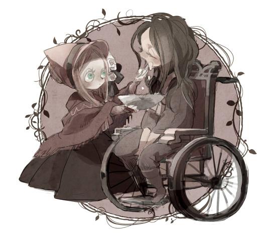 2girls bloodborne bonnet bowl brushing_teeth chibi closed_eyes hunter_(bloodborne) kmitty multiple_girls plain_doll spoilers toothbrush wheelchair