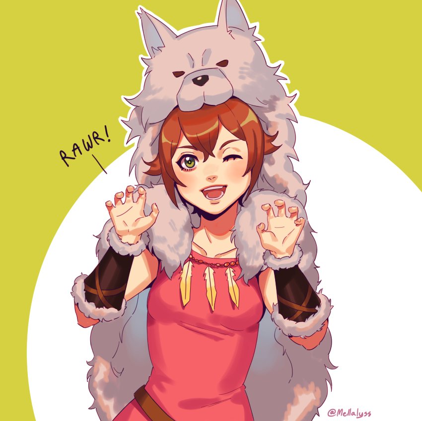 1girl alternate_costume animal_costume brown_hair green_eyes looking_at_viewer mella octopath_traveler open_mouth short_hair simple_background smile solo tressa_(octopath_traveler) wolf wolf_costume