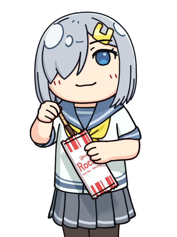 1girl black_legwear blue_eyes brand_name_imitation commentary_request cowboy_shot food grey_sailor_collar grey_skirt hair_ornament hair_over_one_eye hairclip hama!_(3toshinhmkz) hamakaze_(kancolle) kantai_collection looking_at_viewer neckerchief no_nose packet pantyhose pleated_skirt pocky sailor_collar school_uniform serafuku short_hair silver_hair simple_background skirt smile solo white_background yellow_neckwear