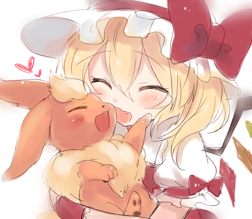 1girl animal_ears blonde_hair blush closed_eyes crossover crystal flandre_scarlet flareon hat hat_ribbon heart lowres mob_cap open_mouth paragasu_(parags112) pokemon pokemon_(creature) ponytail puffy_sleeves ribbon short_sleeves side_ponytail simple_background smile touhou upper_body vest white_background wings wrist_cuffs