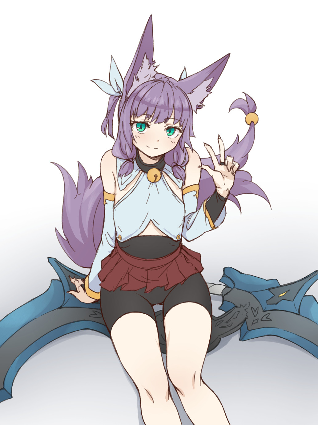 1girl animal_ears aqua_eyes bare_shoulders bell bell_collar bike_shorts bridal_gauntlets collar cowboy_shot detached_sleeves flat_chest fox_ears fox_tail highres huge_weapon looking_at_viewer miniskirt original pas_(paxiti) purple_hair sanka_(pas) short_hair shorts_under_skirt sitting skirt solo tail tail_ornament two_side_up v weapon