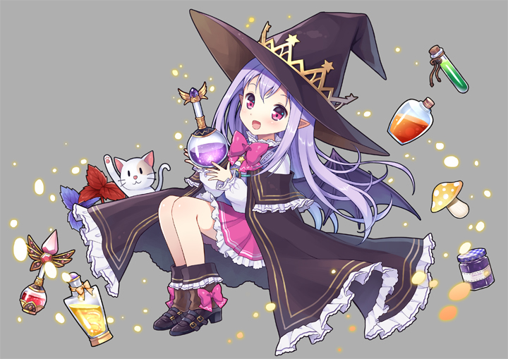 1girl cat hat long_hair mauve pio_(potion_maker) pointy_ears potion_maker purple_hair solo violet_eyes wings