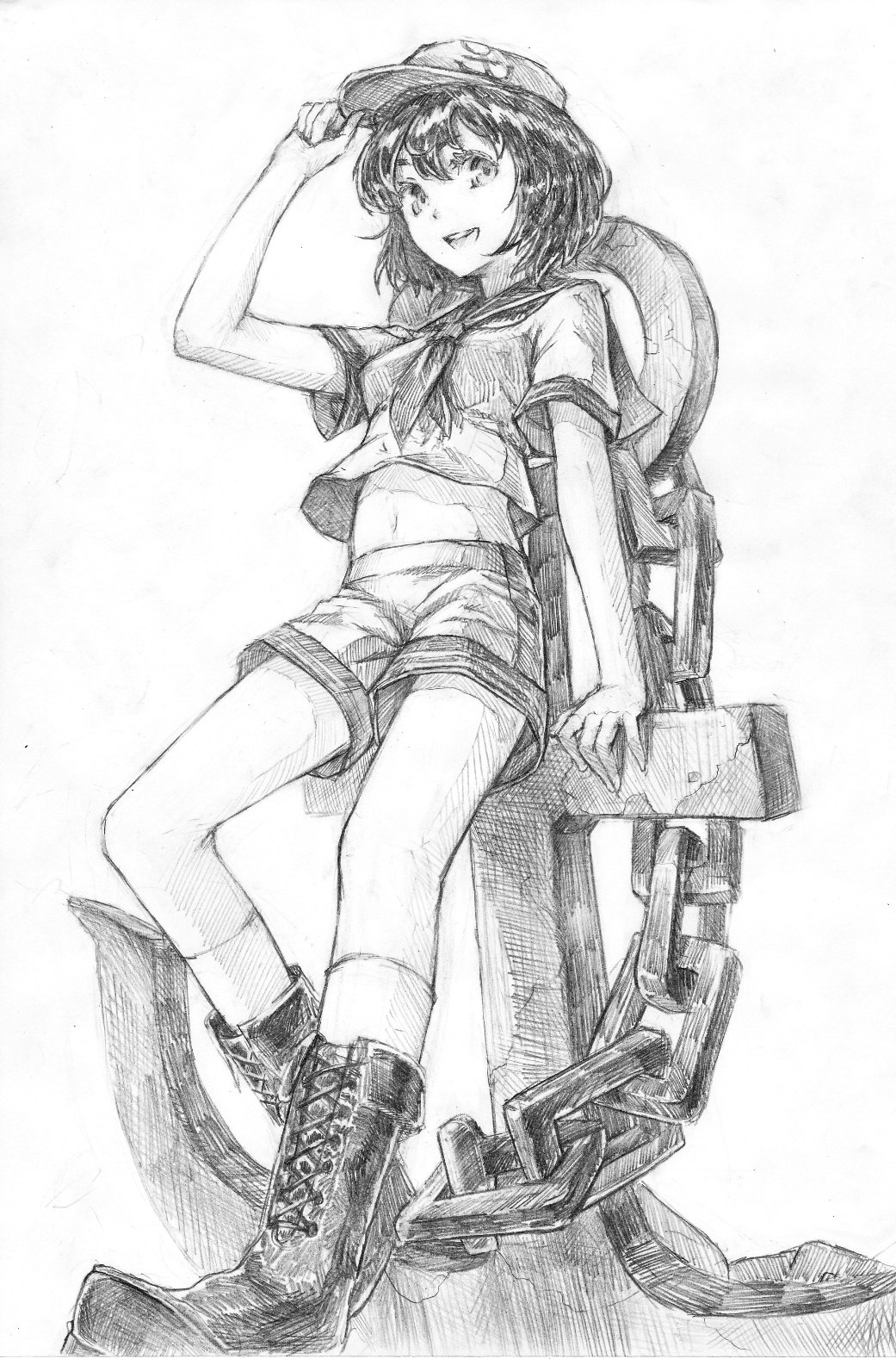 1girl adjusting_clothes adjusting_hat anchor arm_support boots cross-laced_footwear greyscale hat highres leaning matumasima midriff monochrome murasa_minamitsu navel open_mouth sailor sailor_collar short_hair shorts smile socks solo standing touhou