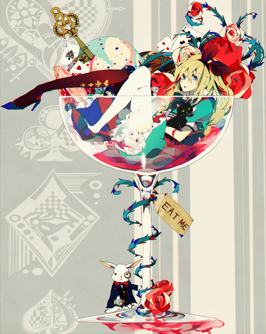 1girl alice_(wonderland) alice_in_wonderland black_cat blonde_hair blue_eyes cat clubs diamond_(shape) dress eat_me flower frills glass hair_ribbon heart key long_hair looking_at_viewer lying original parted_lips ribbon rose sagatsu_(miicat) spade thigh-highs white_rabbit