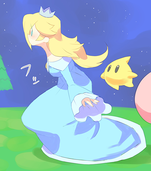 1girl 1other blonde_hair chiko_(mario) crown hair_over_one_eye hoshi_no_kirby kirby kirby_(series) long_dress long_hair long_sleeves luma super_mario_bros. princess_rosalina rosetta_(mario) slouching solid_oval_eyes space super_mario_bros. super_mario_galaxy super_smash_bros. super_smash_bros_for_wii_u_&amp;_3ds