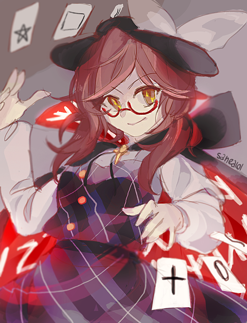 brown_hair buttons cape card glasses hat highres lantrat666 long_sleeves semi-rimless_glasses smile touhou under-rim_glasses urban_legend_in_limbo usami_sumireko yellow_eyes
