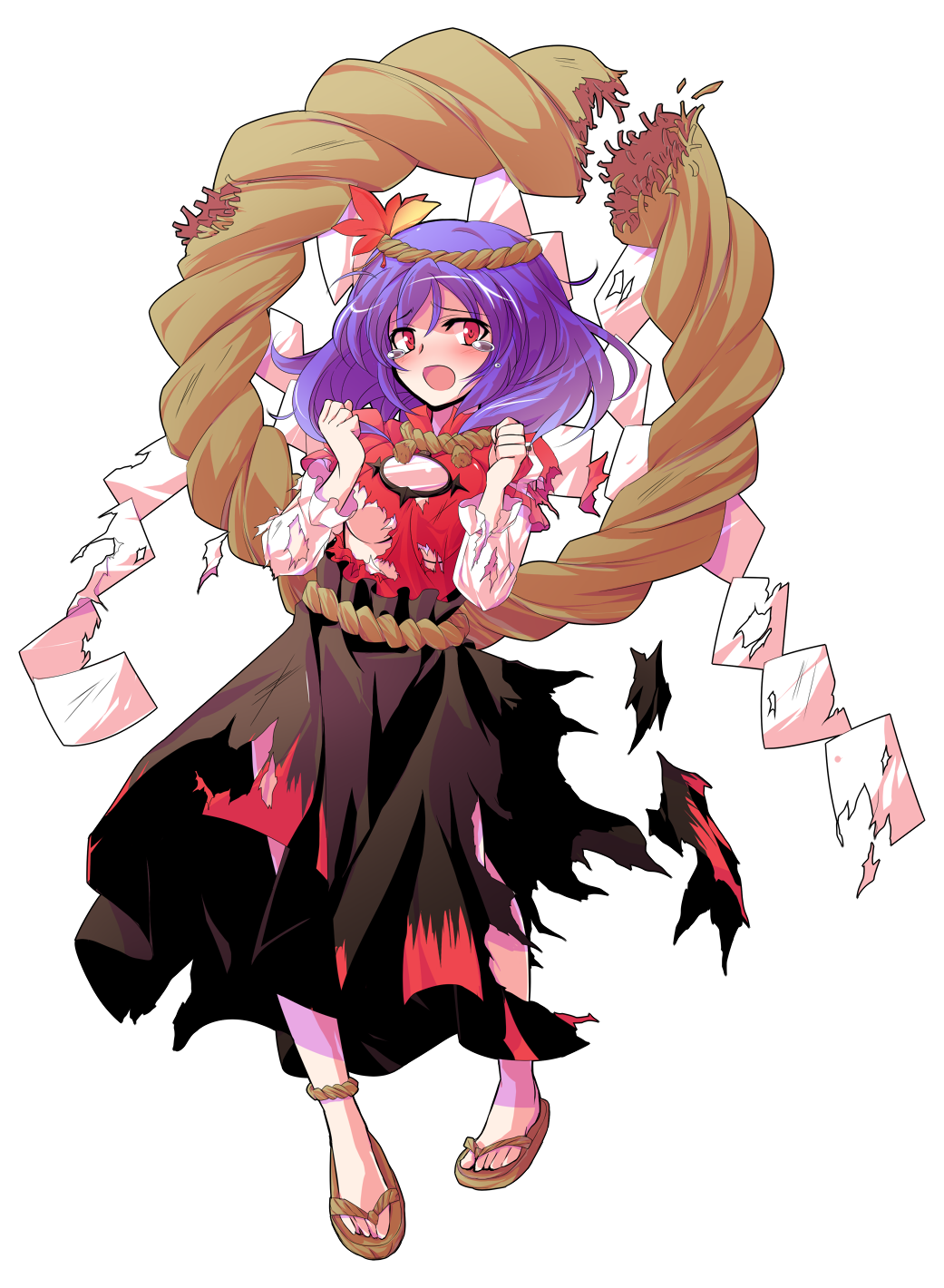 1girl after_battle blush breasts clenched_hands d: dairi highres leaf long_skirt looking_at_viewer maple_leaf open_mouth purple_hair red_eyes rope sandals shimenawa skirt solo tachi-e tears torn_clothes touhou tunic under_boob yasaka_kanako