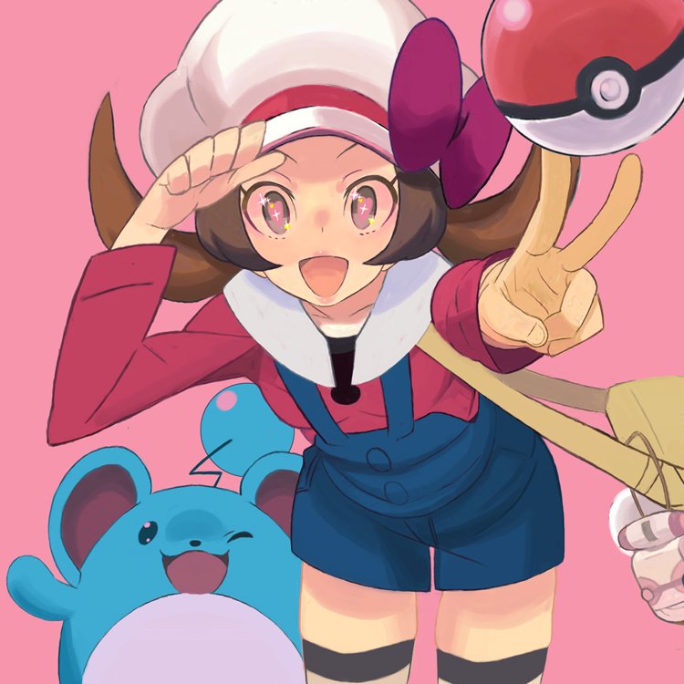 1girl brown_eyes brown_hair cabbie_hat hat hat_ribbon long_hair looking_at_viewer lyra_(pokemon) marill open_mouth overalls poke_ball poke_ball_(basic) pokemon pokemon_(creature) pokemon_(game) pokemon_hgss ribbon simple_background smile thigh-highs twintails v yuuki_(irodo_rhythm)