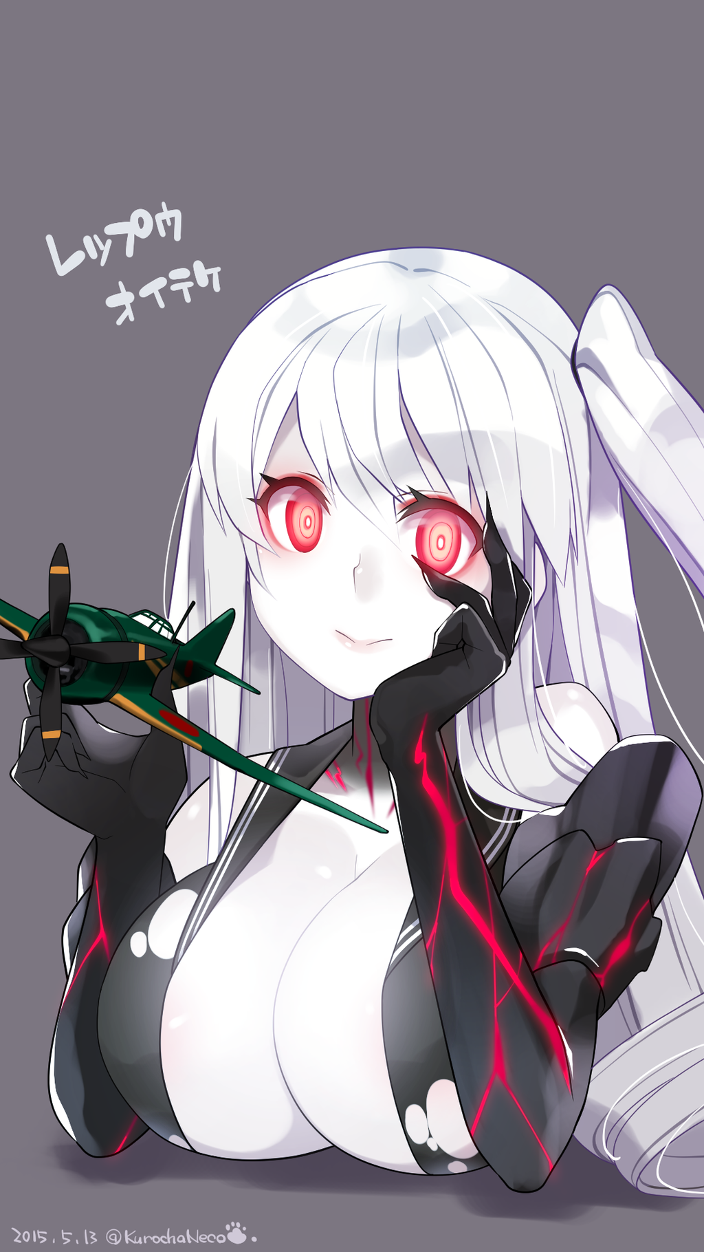 1girl aircraft_carrier_hime breasts chin_rest cleavage dated dress fingernails gauntlets highres kantai_collection kuro_chairo_no_neko large_breasts long_hair one_side_up red_eyes sailor_collar sharp_fingernails shinkaisei-kan smile solo torn_clothes torn_dress toy_airplane translation_request twitter_username very_long_hair white_hair white_skin