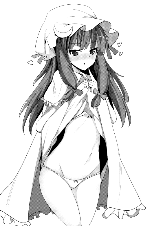 1girl blush bra crescent hat heart ippongui long_hair looking_at_viewer monochrome navel panties patchouli_knowledge simple_background solo touhou underwear white_background
