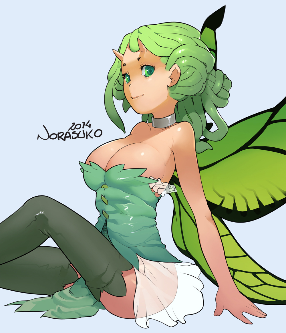 1girl 2014 anastasia_(norasuko) breasts bustier choker cleavage eyelashes fairy fairy_wings folded_ponytail green_eyes green_hair green_legwear large_breasts light_smile looking_at_viewer making_of norasuko oni_horns original pelvic_curtain pointy_ears see-through short_hair signature sitting skirt solo thigh-highs wings