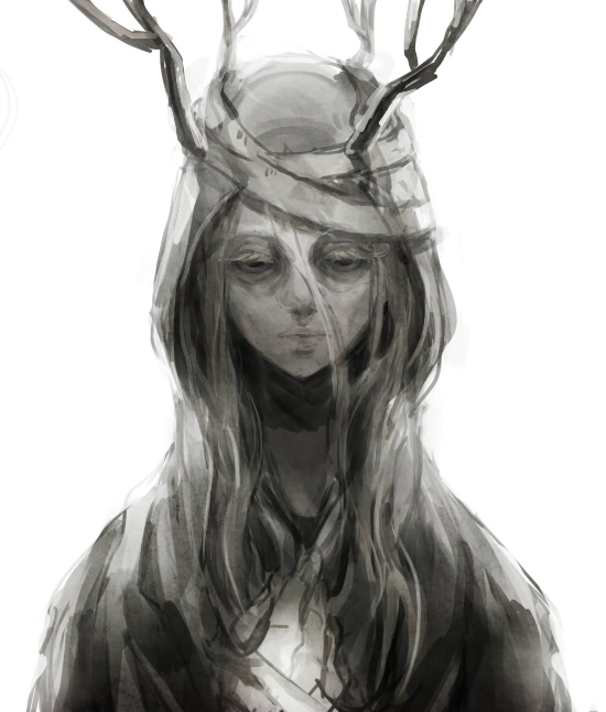 1girl antlers bandages bloodborne expressionless greyscale hooded horns kmitty monochrome portrait solo vicar_amelia