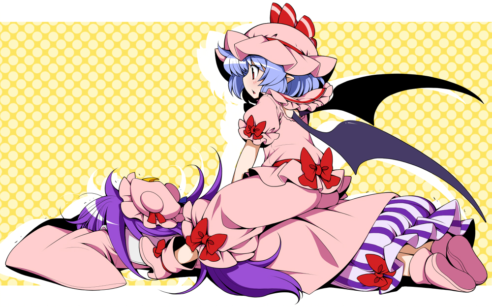 2girls bat_wings blue_hair blush boots crescent eichi_yuu faceplant hat long_hair long_sleeves multiple_girls patchouli_knowledge pointy_ears purple_hair red_eyes remilia_scarlet short_hair short_sleeves sitting sitting_on_person skirt touhou wings